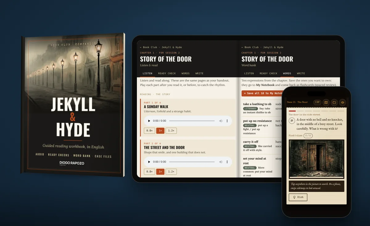Cover of the Jekyll & Hyde Book Club Companion e-book next to a tablet showing two open pages, audio and vocabulary, and a phone showing the investigation game