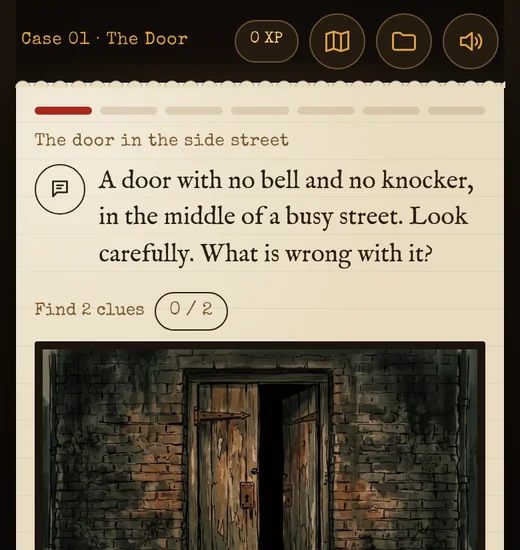 Investigation game showing the side street door and a key on the ground
