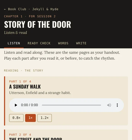 Listen & read page for chapter 1, with audio in four parts