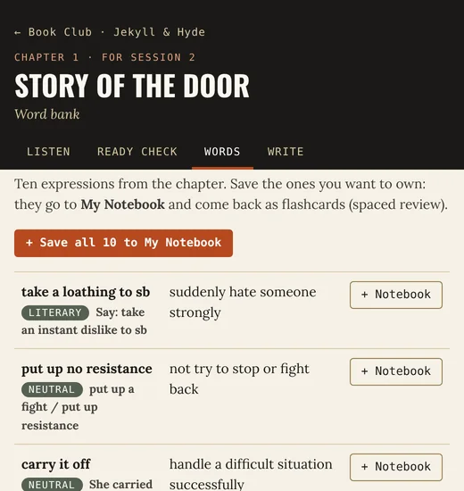Word bank page, with 10 expressions from the chapter