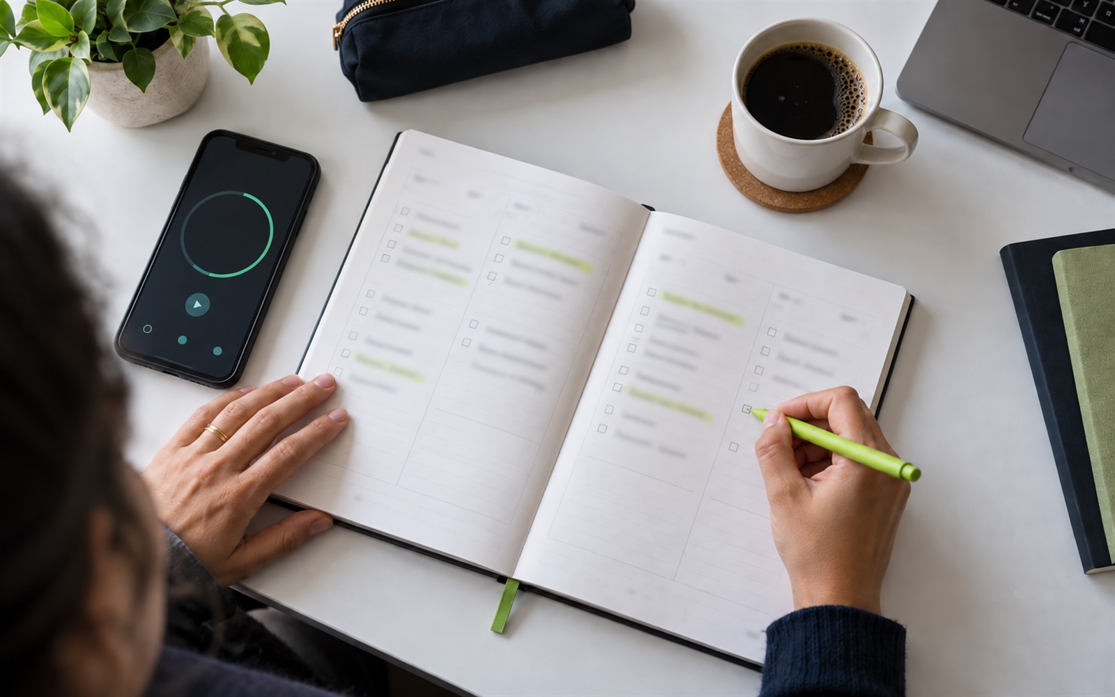 Planner semanal aberto sobre a mesa, com um celular marcando o tempo de estudo e uma xícara de café