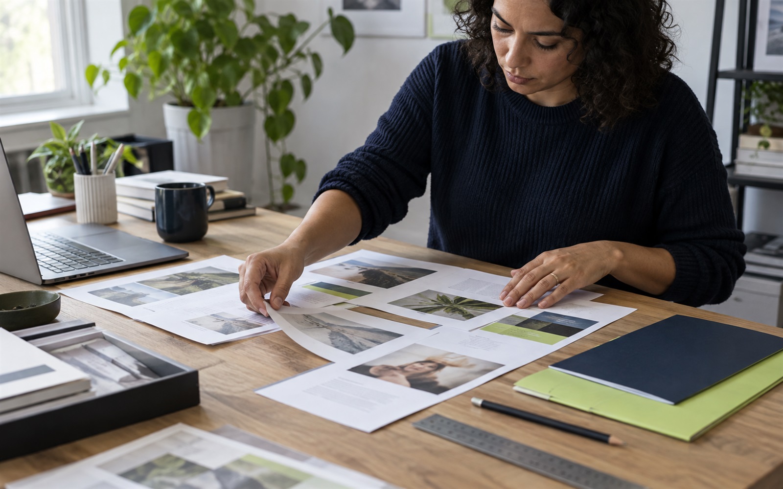 Mesa de trabalho com páginas e capas de materiais em preparação