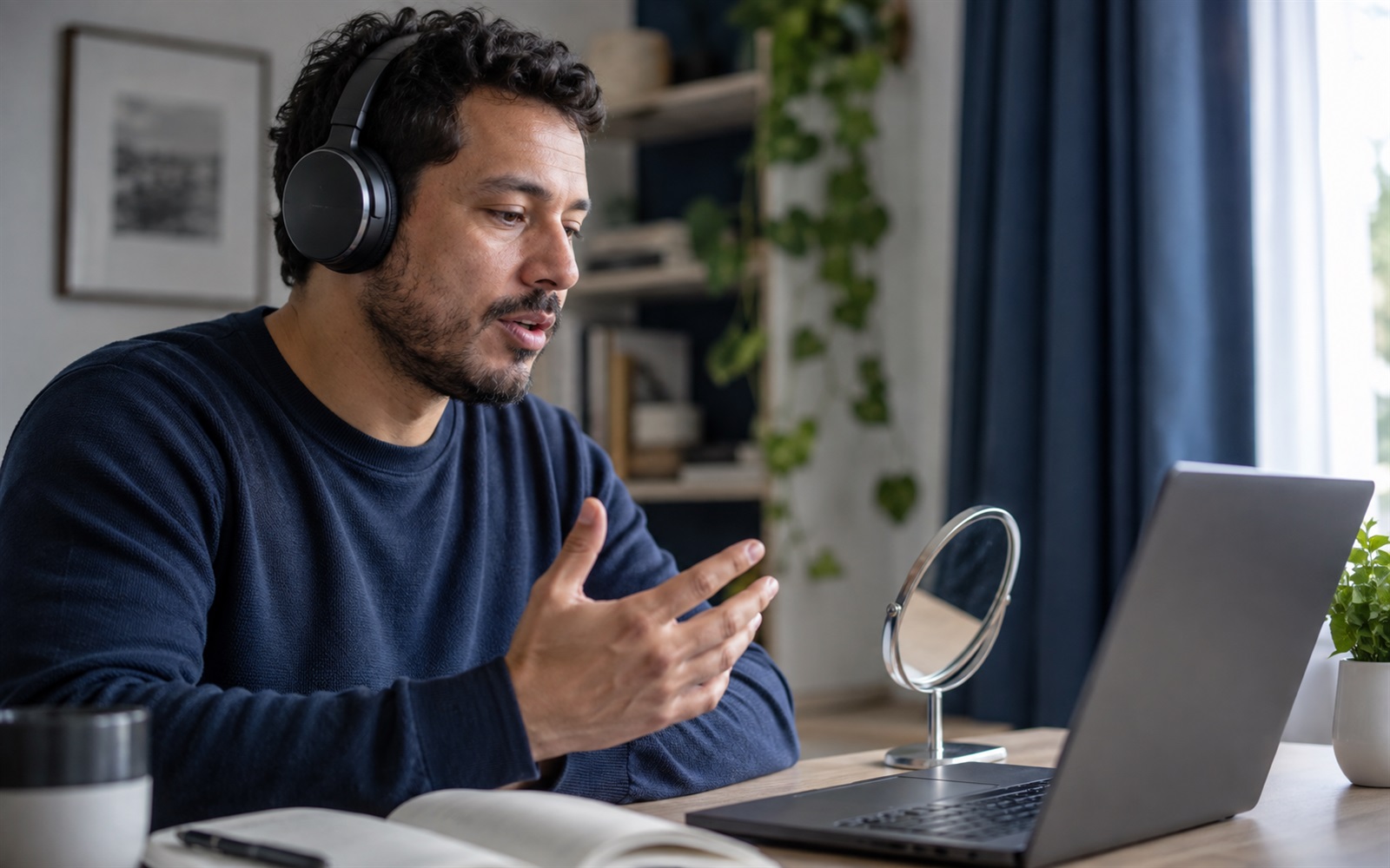 Aluno praticando pronúncia em voz alta diante do notebook
