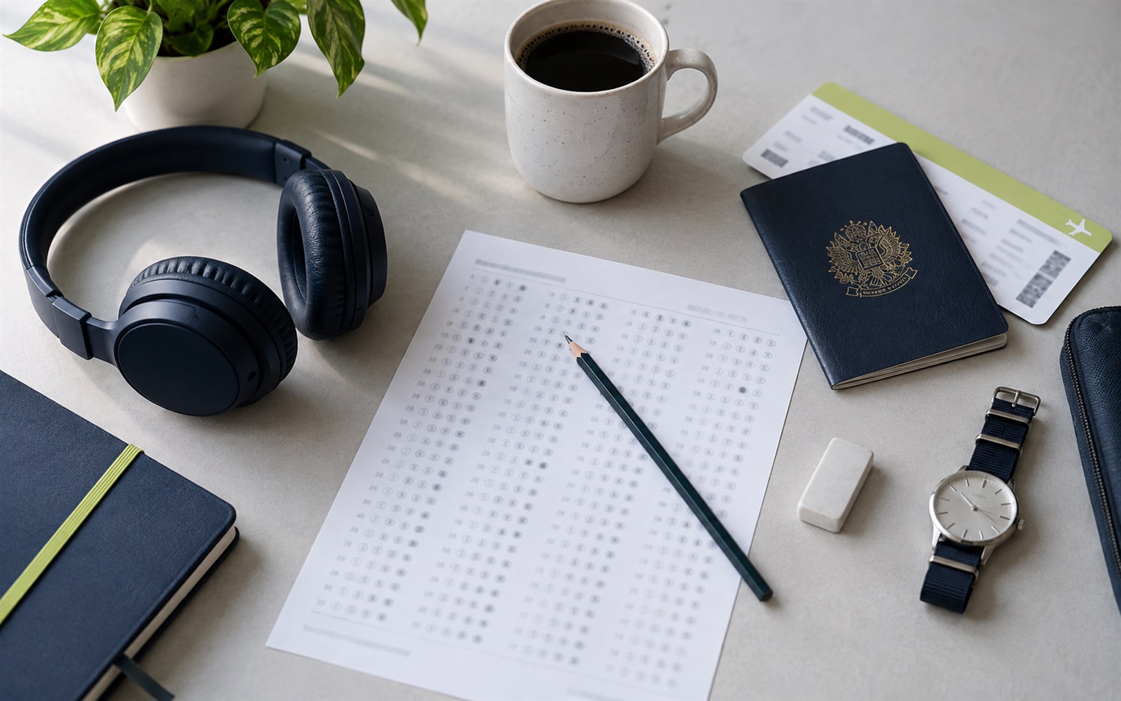 Mesa preparada para uma prova de inglês, com folha de respostas, fones e passaporte