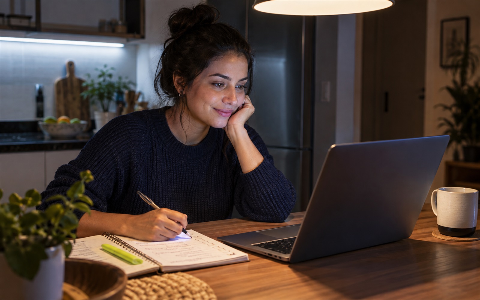 Aluna estudando à noite no notebook, com um planner de estudos ao lado