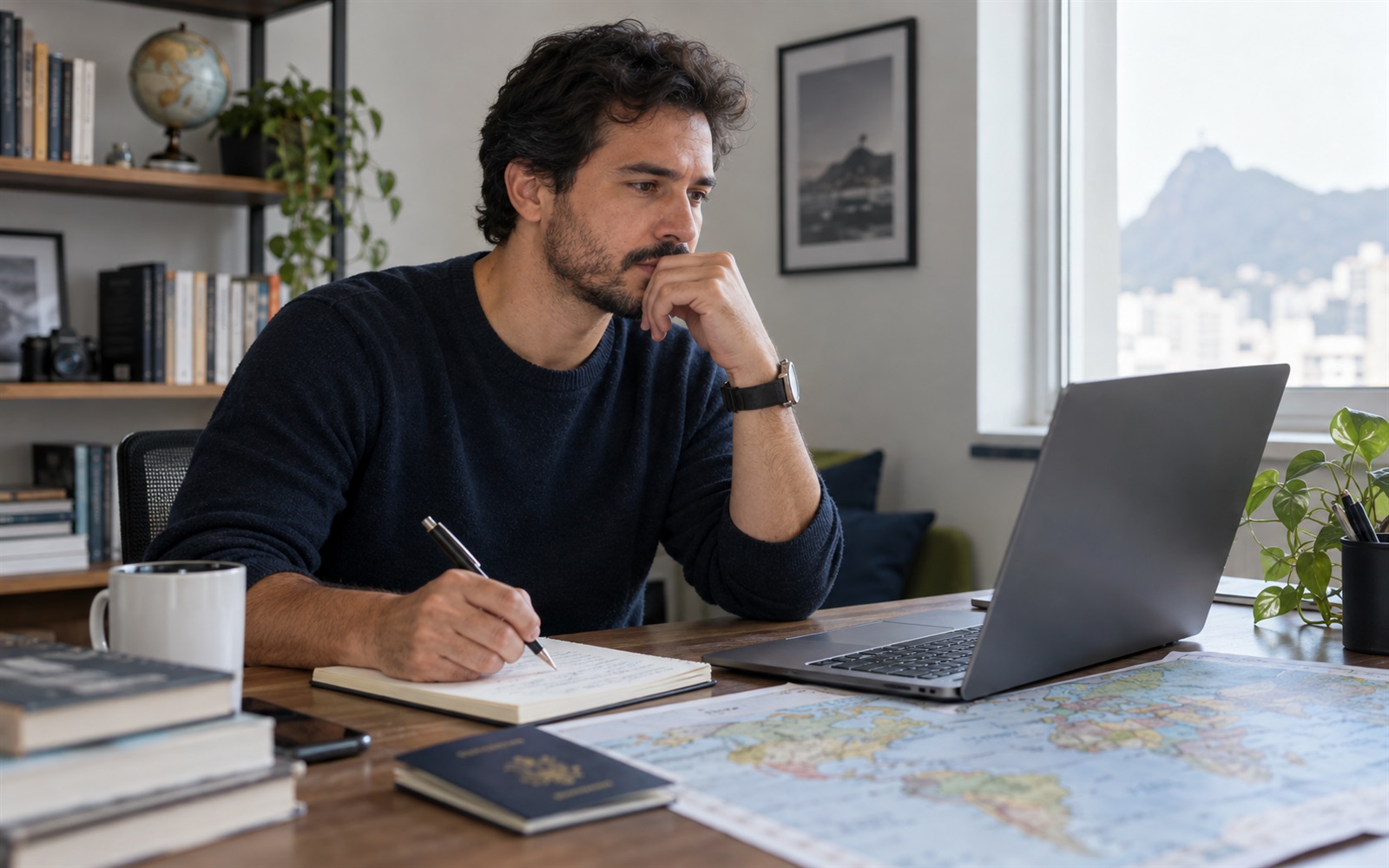 Aluno comparando opções de estudo no exterior, com mapa, passaporte e notebook