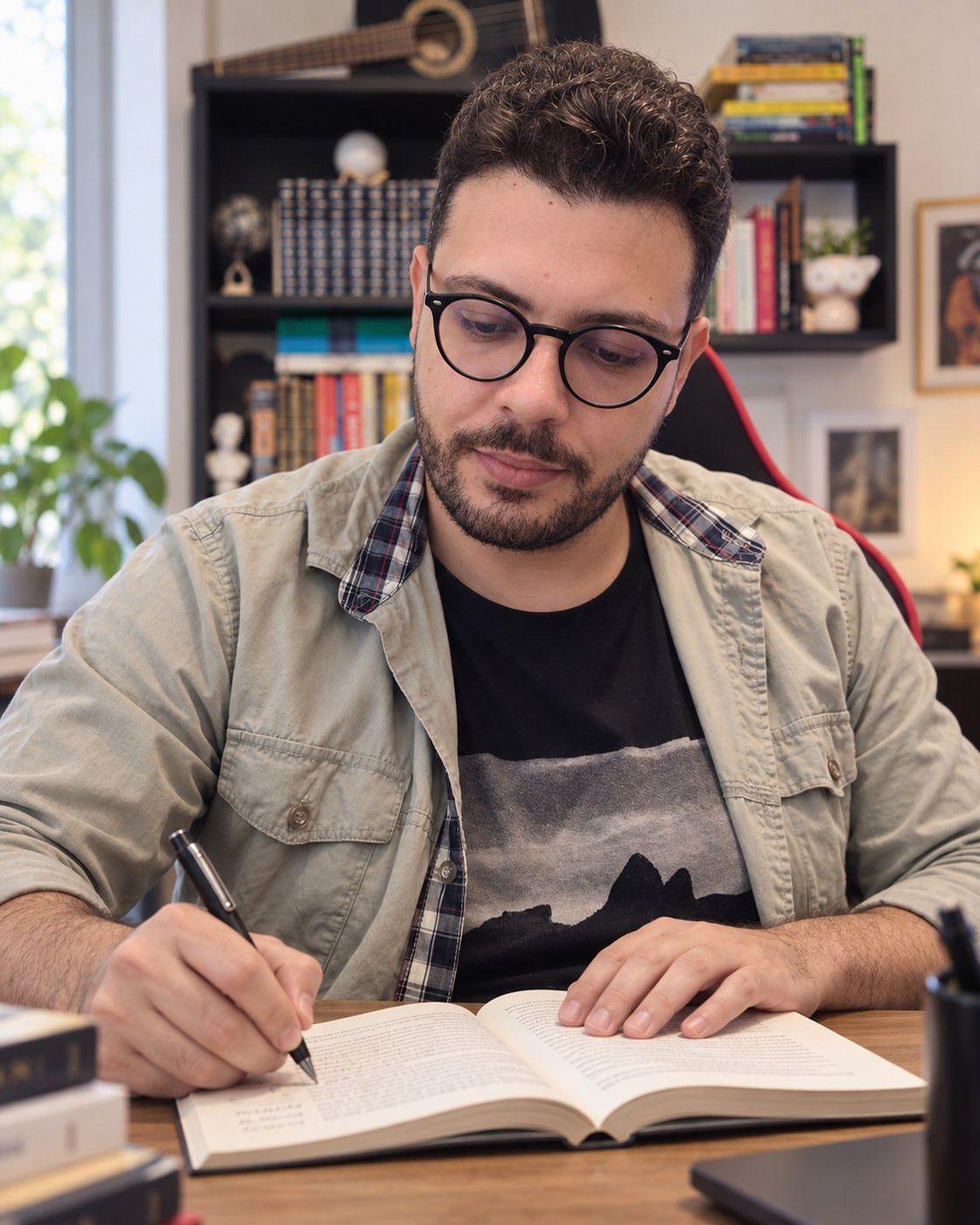 Diogo Rapozo fazendo anotações num livro aberto