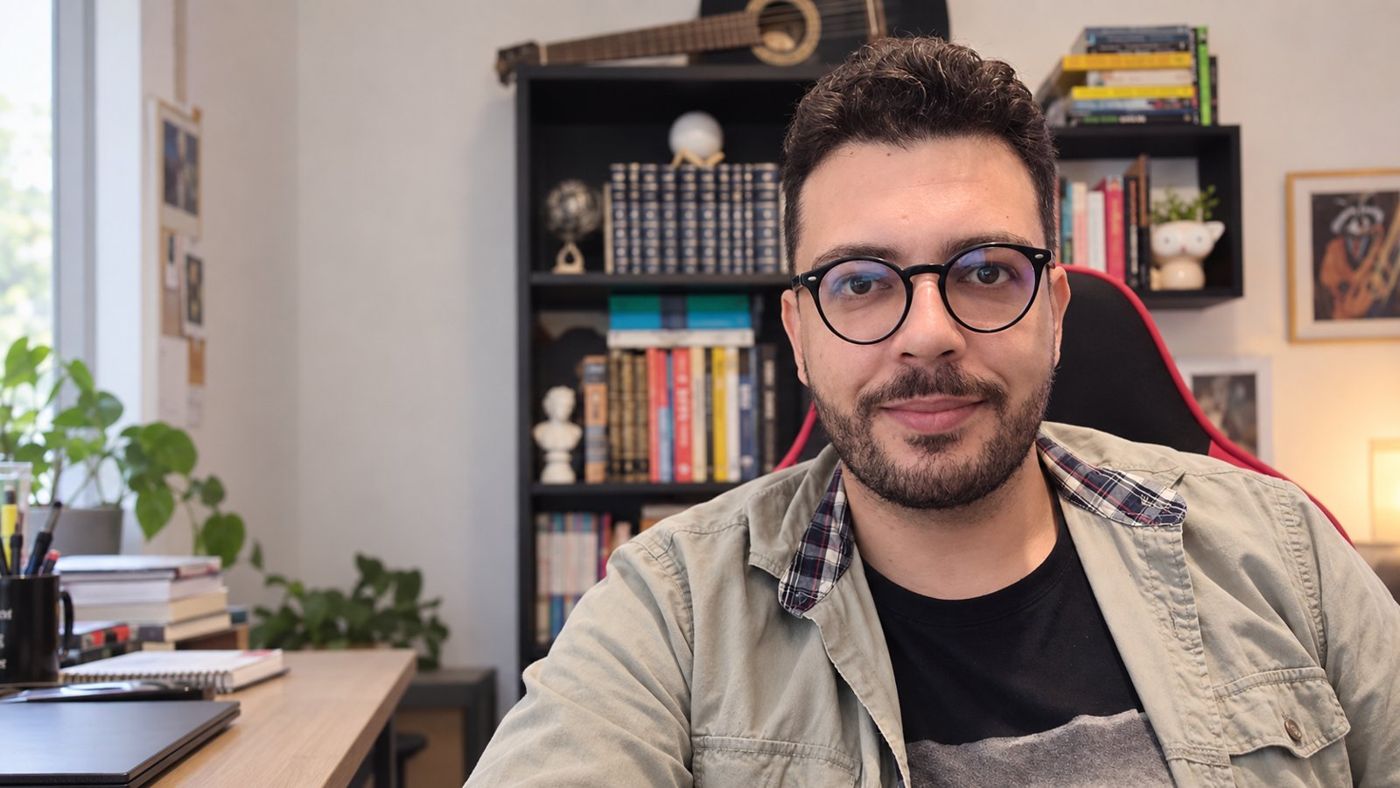 Diogo Rapozo no escritório onde dá as aulas, em frente à estante de livros