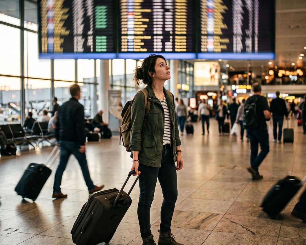 Aluna com mala num saguão de aeroporto